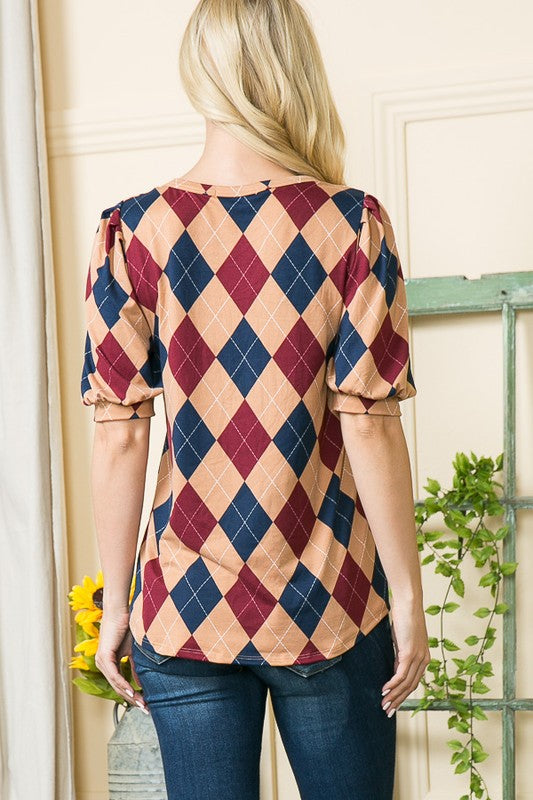 Argyle Print Puff Sleeve Knit Jersey Top