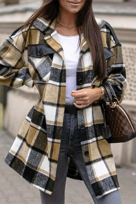 PLAID PRINT BUTTON FRONT FLAP DETAIL SHACKET