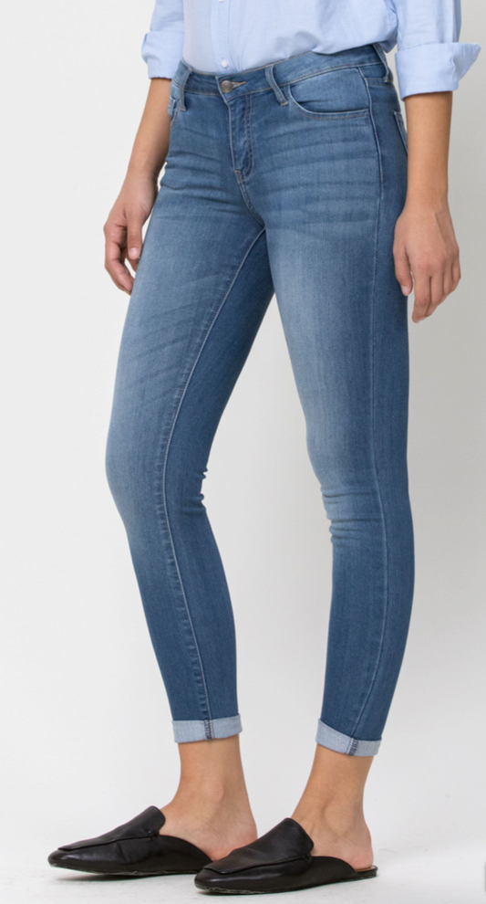 Mid Rise Medium Wash Rayon Ankle Skinny Jeans